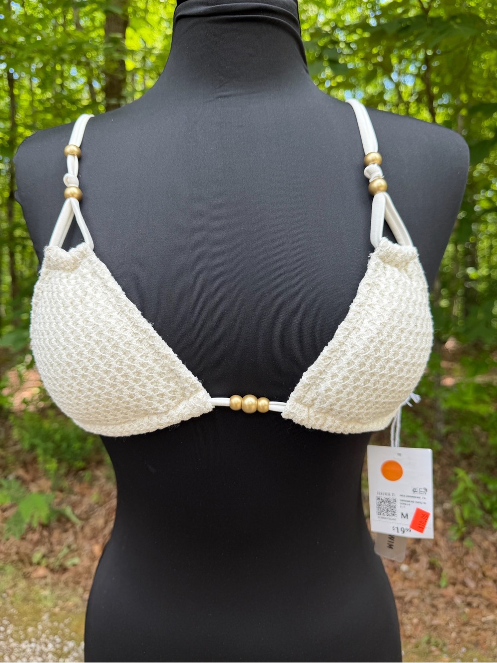 Forever 21 Cream Textured Triangle Bandeau with Gold Beads